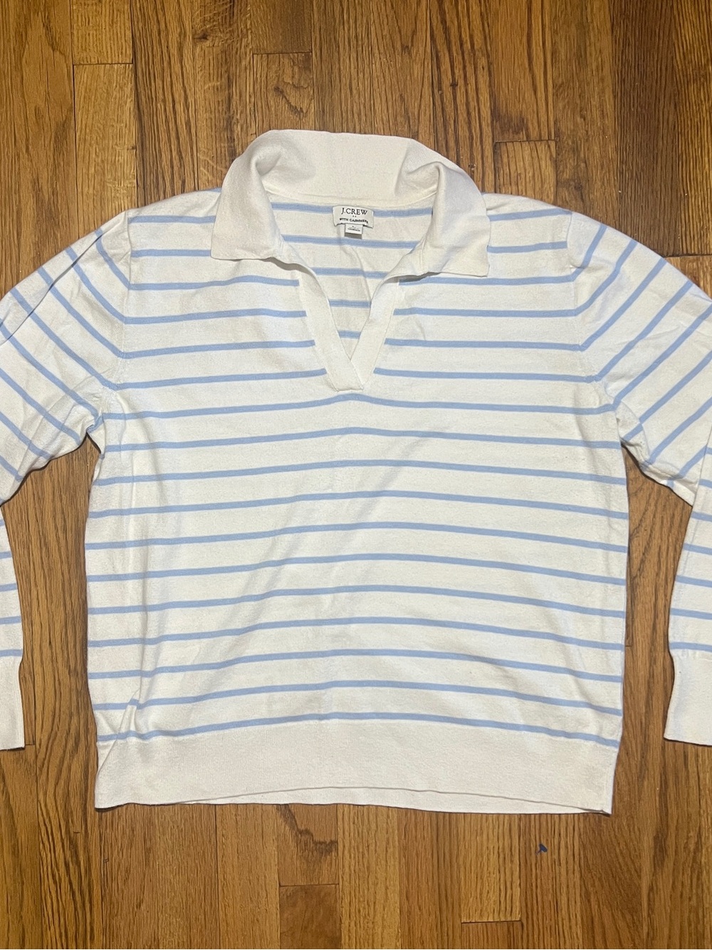 J.Crew Factory Polo Sweater Lg Blue Stripe Cashmere Blend VNeck Preppy Coastal